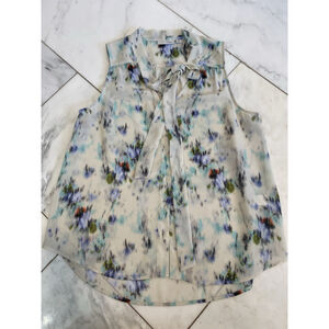 Halogen Womens Petite Small Tie Neck Sleeveless Blouse Sheer Abstract Print EUC